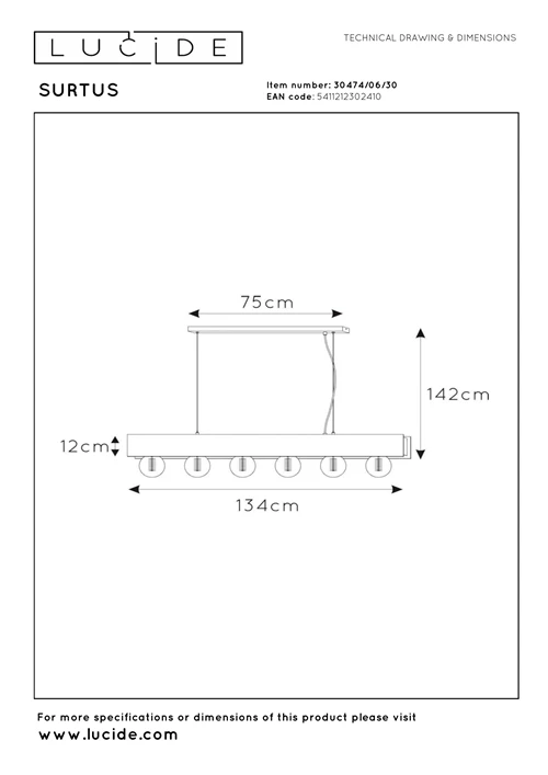 Lucide SURTUS - Pendelleuchten - 6xE27 - Schwarz - technisch